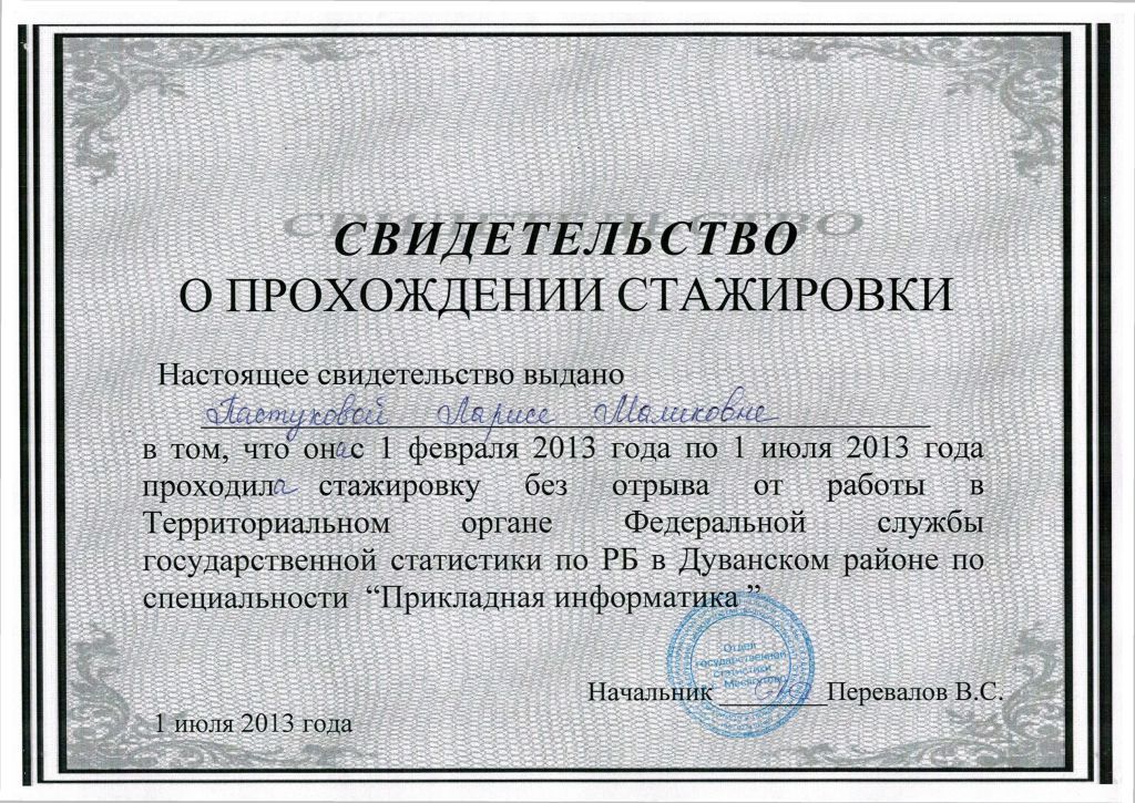 Документ о прохождении стажировки образец