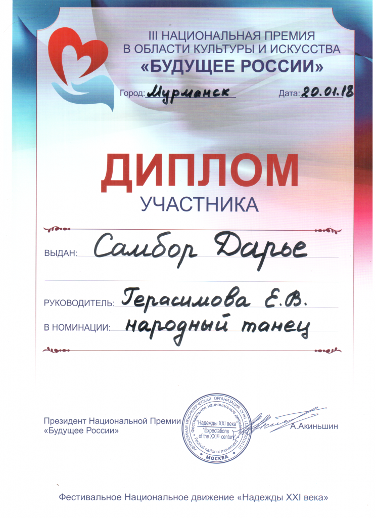 Диплом участника в III национальной премии в области культуры и искусства «Будущее России» 