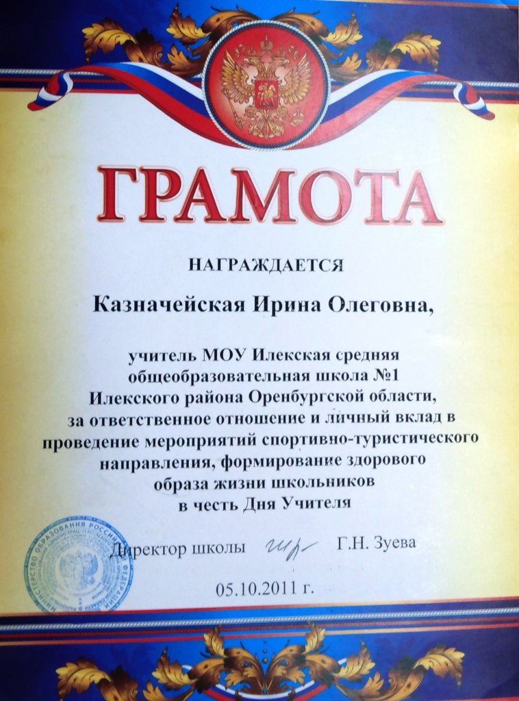 Грамота Директора МОУ Илекская средняя школа №1