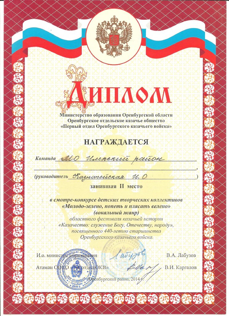 Диплом за II место "Молодо-зелено, попеть и плясать велено" (вокальный жанр)
