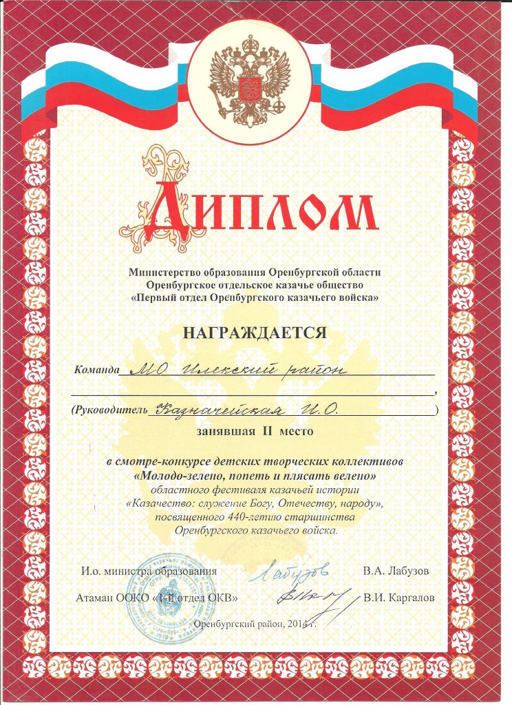 Диплом за II место команде МО Илекский район