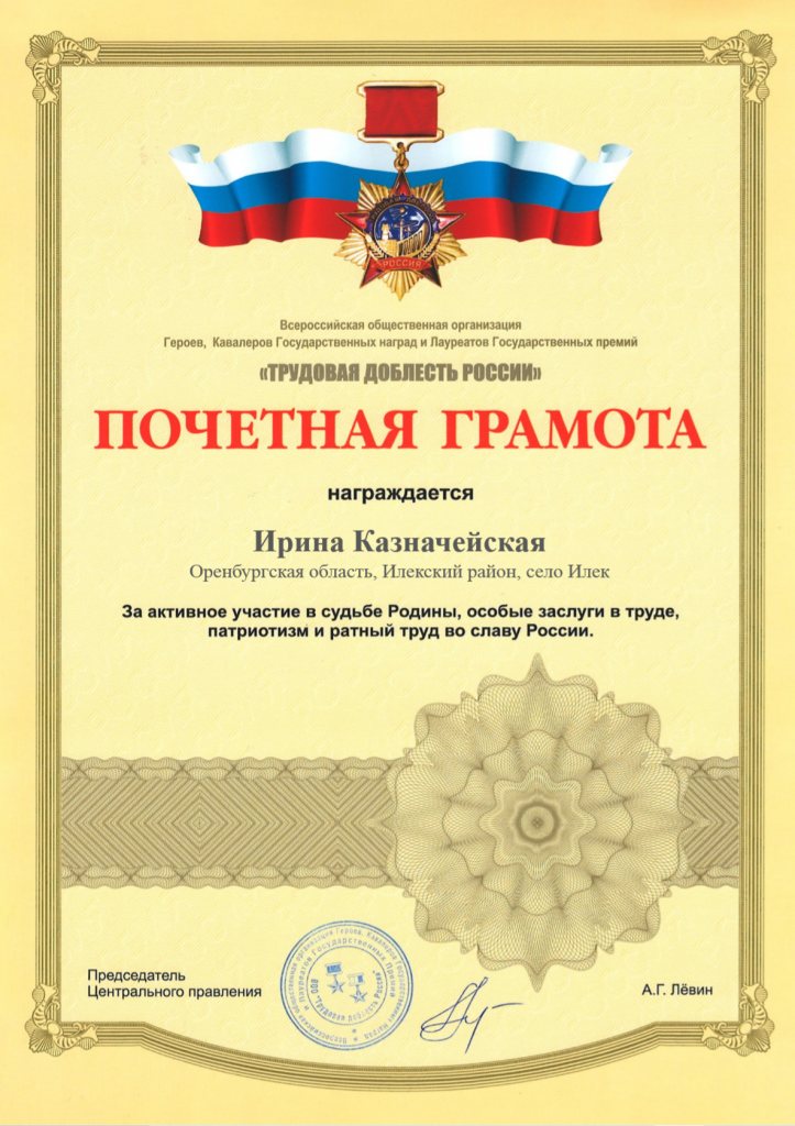 Почетная грамота Всероссийской общественной организации  "Трудовая доблесть России"