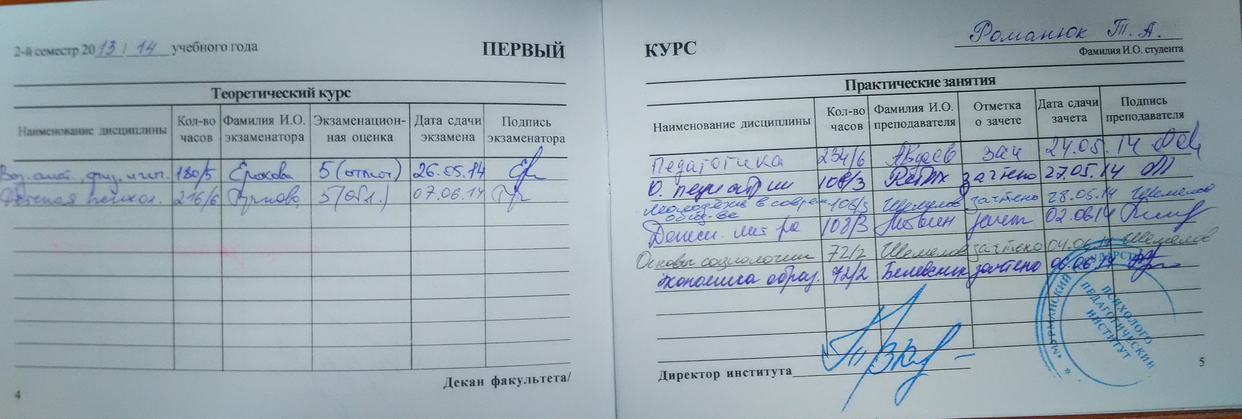 Образец заполнения зачетки игму