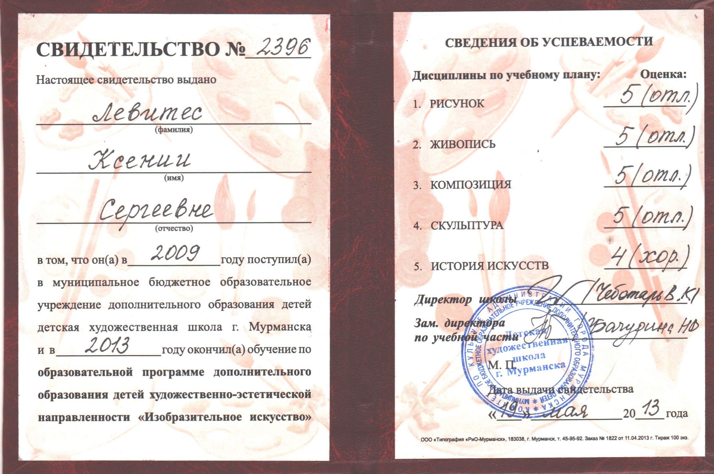 Образец об окончании школы искусств образец